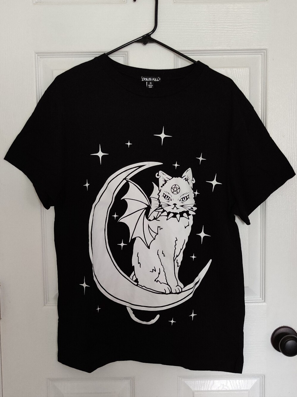 Dolls Kill Black Tee with White Cat & Crescent Moon Graphic